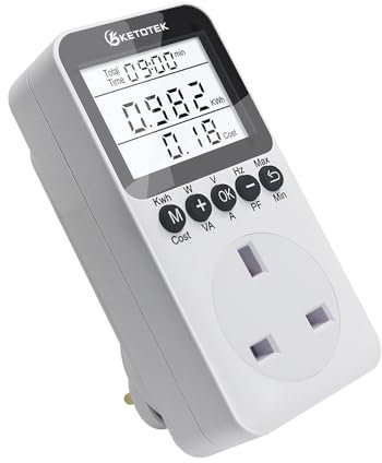 KETOTEK Electricity Usage Monitor with Backlight Power Meter UK Plug LCD Display Energy Monitor Watt Volt Amp KWH Meter Socket Power Consumption Analyzer