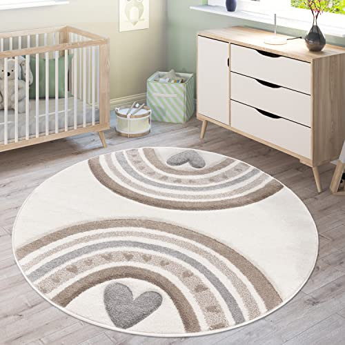 Paco Home Teppich Kinderzimmer Kinderteppich Junge Mädchen Pastell 3D Effekt Modern Regenbogen Herz Beige Creme Grau, Grösse:120 cm Rund