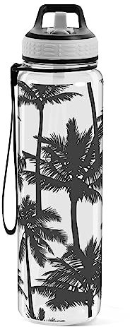 CHIFIGNO Schwarze Palmen auf weißer Wasserflasche, 900 ml, Reise-Wasserflasche mit Strohhalm und Tragegurt, 1 Liter, auslaufsicher, schlanke Wasserflaschen für Fitness, Outdoor-Sport