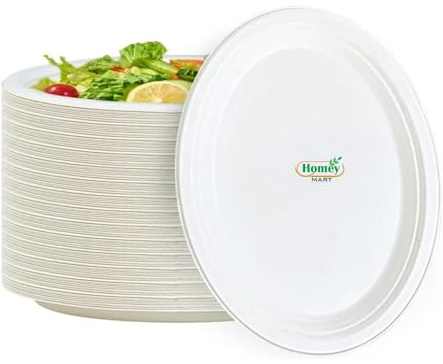 Lot de 50 assiettes rondes jetables super rigides en bagasse blanche 100 % compostables pour événements familiaux, écoles, bureau, barbecues, pique-niques, fêtes – 22,9 cm