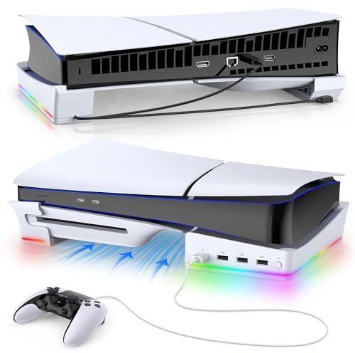 Gorixer RGB Horizontaler Ständer für PS5 Slim/Pro Konsole mit 4 USB-Hubs,Halterung Standfuß Zubehör kompatibel mit PlayStation 5 Slim/Pro Konsole,14 Lichtmodus&Schnellladeanschluss für PS5 Controller