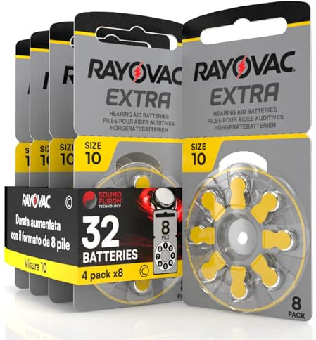 32 Batteries pour appareils auditifs Rayovac Extra Size 10-4 Blister de 8 Batteries