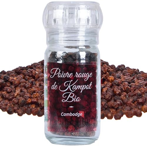 Khla - Poivre Rouge de Kampot Certifié Bio 45 g - Moulin Rechargeable - Poivre en Grain - Grand Cru, Doux & Fruité - Ingrédient Cuisine Épice - Production limitée - Origine Cambodge