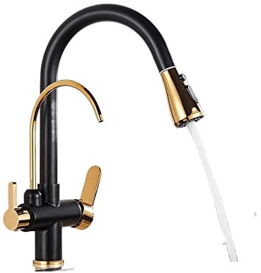 Wasserfilter-Wasserhahn, Küchenarmaturen, Doppelgriff, Filter-Wasserhahn, Mischer, 360-Grad-Drehung, Wasserreinigungsfunktion, Wasserhähne, Wasserhahn für Küchenspüle (schwarz mit Gold B)
