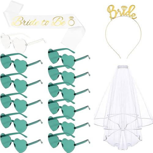 jenich 15 Stück JGA Sonnenbrille Frauen Sonnenbrille Herz JGA Brille Herzform Braut Schleier JGA Braut Schärpe Haarreif JGA Accessoires Junggesellenabschied