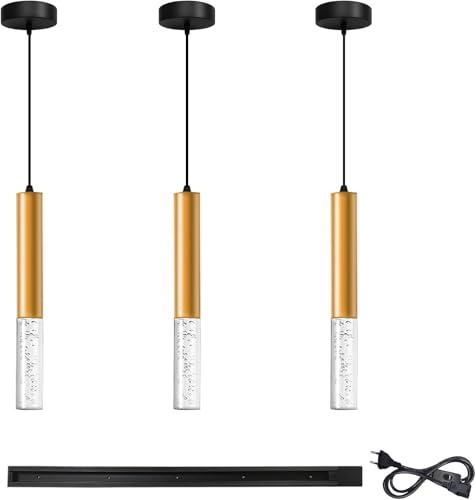 Bravsekai Suspension dorée avec rail 3 LEDs cristal acrylique - 3CCT Pour îlot cuisine, salle à manger, chambre, restaurant, hôtel, bar.