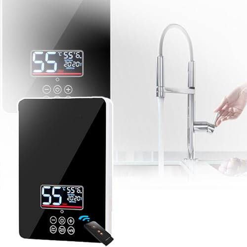 QIeAny On Demand Hot Water Heater(5L),Remote Control + Touch Screen,Temperature Control(30-55℃),6 Button Thermostat(6KW),HD Display,Flow Regulating Valve,for Bathroom/kitchen,Black