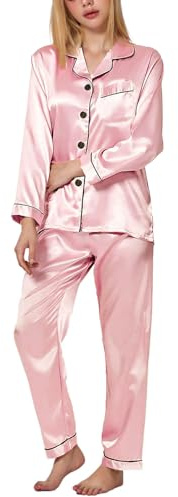 TANTOMI Pigiama Seta Donna in Raso con Bottoni Pigiami Due Pezzi a Maniche Lunghe e Pantaloni Lunghi Morbido Comodo Set Pigiama da Notte XS-S