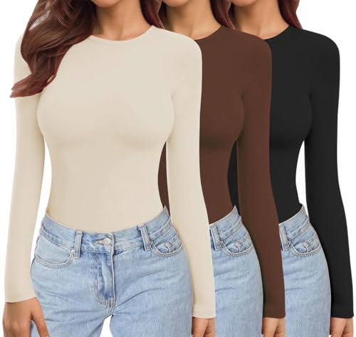 Ekouaer Womens 3 Pack Long Sleeve Tops Crew Neck Shirts Thermal Tops Set Stretch Fitted Underscrubs Layer Tee Black + Brown + Beige S
