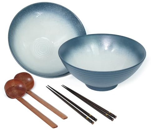 Juego de 2 tazones de ramen, 1000 ml, cuenco de ramen japonés de cerámica con palillos y cuchara, vajilla de porcelana de estilo asiático, cuenco para sopa, cuenco de ramen instantáneo, cuencos para