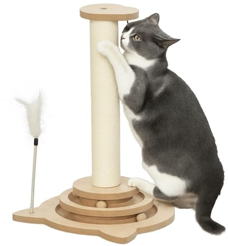 PawHut 4-in-1 Kratzstamm, 49cm Kratzsäule, Sisal-Katzenkratzbaum mit Spielball, Kratzbaum für Katzen, Katzen Kratzmöbel, Indoor, Eiche