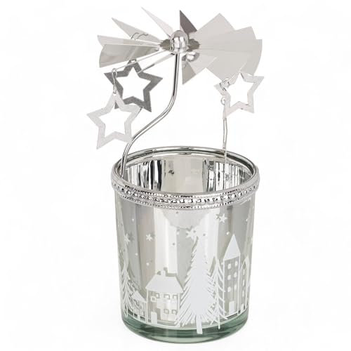Portacandele rotante a forma di giostra natalizia, in metallo, girevole, mini piramide, 12 cm (argento, vetro votivo e stella)
