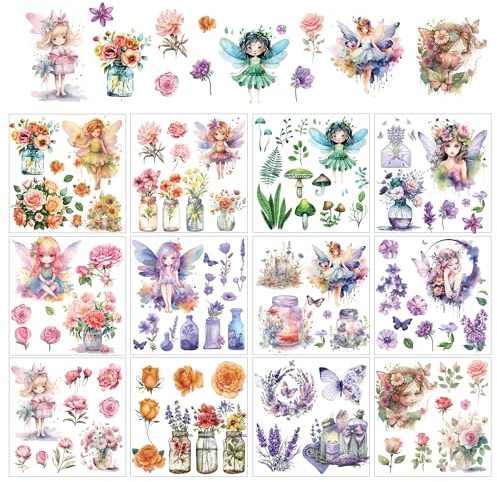 Rub On Transfers for Crafts - 12 Sheets Flower Fairy Theme Transfers Stickers Fairy Flowers Butterfly Decals Stickers for for Home Window Furniture Wood DIY Craft Wood Photo Albums Office Decor