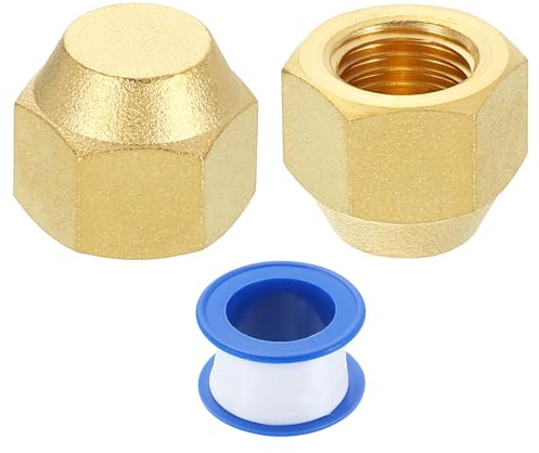 sourcing map 2 tapas de latón OD de 1/4 pulgadas, rosca hembra UNF de 7/16 a 20 UNF, 45 grados, accesorios de tubo de sellado con cinta para extensión de tubería de aire acondicionado, línea de gas y