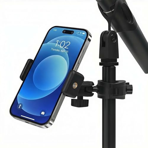HETOETF Phone Holder for Microphone Stand, Adjustable Mic Music Stand Phone Holder for Mobile Phones, Rotatabe Phone Mic Stand Mount Compatible with for All iPhone, Android Cell Phone