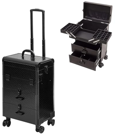Rollkoffer für Make-up, großer Stauraum, professioneller Kosmetiktrolley, Make-up-Reisekoffer, Rollkoffer für Make-up mit 2 großen Schubladen, schwarz, Make-up-Koffer aus Aluminium