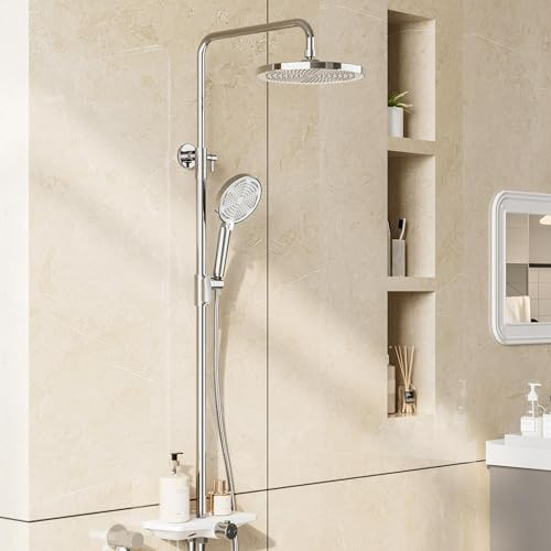 Garvee Duschsystem Mit Duschkopf Edelstahl Verstellbare DuschsäUle Duschstange ÜBerkopfbrause Set Regendusche Ohne Armatur Mit Ablage, Kopfbrause Round 25 cm Chrom