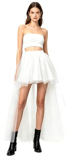 RUIXIA Women's High Low Tulle Skirt, Layered Elastic Waist Asymmetrical Gothic Tutu Maxi Skirt for Halloween Cosplay Prom Wedding Party White