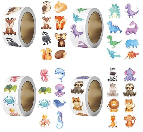 Sticker Tiere 2000 Stück Runde Tier Aufkleber für Grundschule Lehrerbedarf | 32 Muster Animal Sticker Rolle Wasserfeste, Cartoon Tiere Belohnungsaufkleber Selbstklebend, Motivationsaufkleber