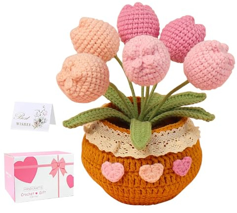 Oneser Crochet Flowers-Crochet Flower Bouquet Crochet Sunflower Crochet Plants and Gift Box Unique Hand Crafted Gift