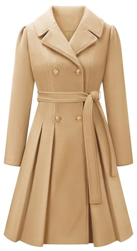 Vancavoo Abrigo Mujer Invierno Casual Abrigos con Cinturón Larga Térmico Abrigos Doble Botonadura Elegantes Coat con Cuello de Solapa Chaquet,Caqui,L