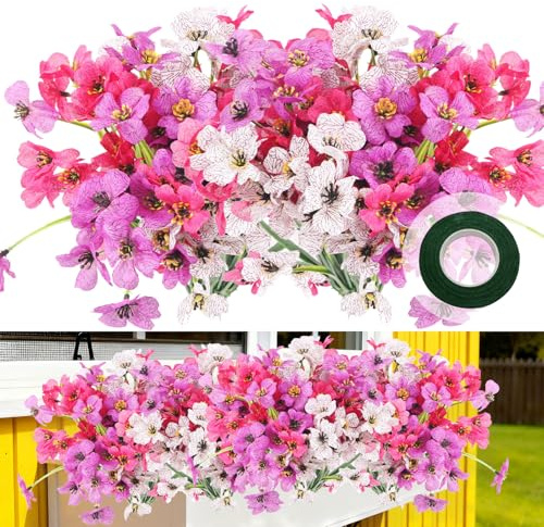 msymsyu 7 Bundles Artificial Outdoor Flowers 35cm UV Resistant Fake Flowers | Purple/Magenta/White Faux Silk Garden Flowers for Indoor Outside Porch Hanging Planters Decoration