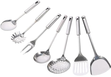 Toyvian 7 piezas Utensilios de Cocina de Acero Inoxidable Ligero y Compacto con Diseño para Colgar para Hogar Restaurante y Hotel Accesorios Esenciales para Cocinar y Servir