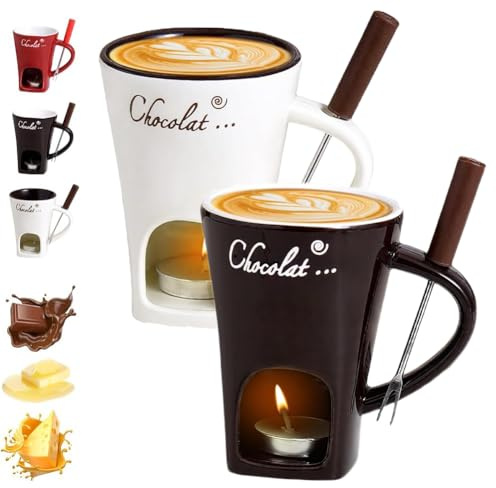 Schokofondue Tasse Set mit Gabel,Becher zum Schmelzen von Schokolade,Keramik Schoko Fondue Tassen,Mehrzweck Schokoladenfondue Tasse Set,Wärmebecher für Käse Butter Süßigkeiten Karamell (Weiß+Schwarz)
