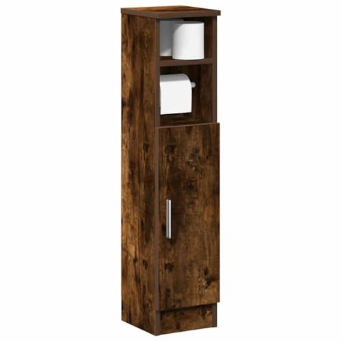 QUAHEAS Armoire de salle de bain, en chêne fumé, 20,5 x 22 x 90 cm, avec porte-rouleaux, matériau du bois, étroite, pour papier toilette, meuble de salle de bain, convient aux pièces humides
