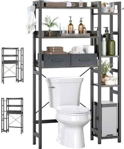 iSunirm Waschmaschinenregal mit 2 Schubladen – 7-stöckiger Toilettenregal mit verstellbarem Regal, Toilettenregal mit 4 Haken für Bad und Waschküche, Eiche grau