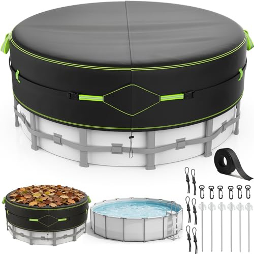 Cubierta para Piscina Ø365, para Piscinas Ø320-363cm,Lona Piscina con Tiras Reflectantes, Estaca Luminosa, Lona para Piscina con Protección UV,Hermética al Polvo, para Piscinas Elevadas y Trampolines