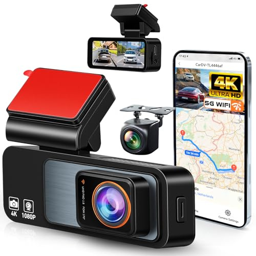 VECHTEL 4K Wi-Fi-bilkamera bil med app 1080P bilkamera, 3,16-tums IPS-skärm bilkamera med ultramörkerseende bilkamera, 64 GB kort, 24H parkeringsövervakning, G-sensor, loopinspelning, returassistent