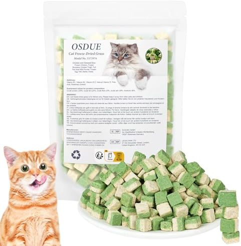OSDUE 100g Gatta Liofilizzato,Erba Bastoncini da Masticare per Gatti,Snack Liofilizzato per Pulizia dei Denti con Pollo,latte intero di capra in polvere,tuorli d'uovo,erba d'orzo,ecc,per la Pulizia