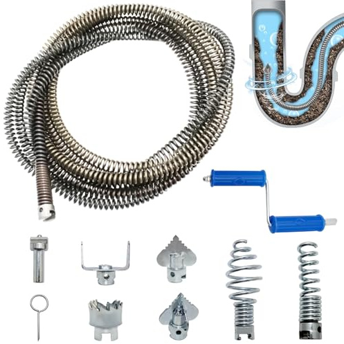 Drain Snake 5m Pipe Cleaning Spir, Drain Cleaner with 6 Cutting Heads, Manual & Electric Adapters – Flexible Pipe Cleaning Tool for Sink, Kitchen, Bathroom, Sewer Pipes