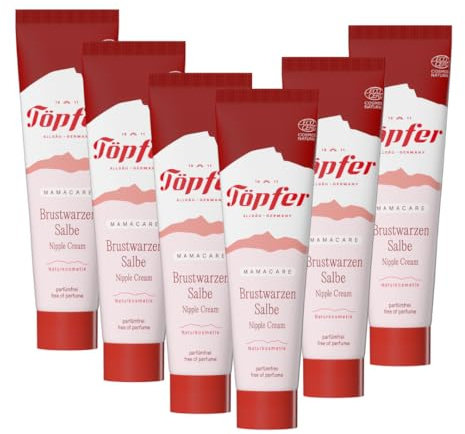 Töpfer Mamacare - Unguento per capezzoli, crema nutriente per l'allattamento, con calendula biologica, senza lanolina e senza profumo, 6 x 25 ml