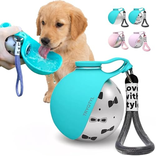 TRYQTYL Botella de agua para perros, Botella de agua portátil de acero inoxidable de 10 oz para perros con cuenco plegable de silicona, tazón de agua portátil para perros 2 en 1 para agua y comida