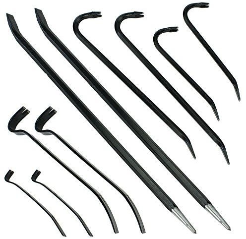 Spares2go 10 Piece Crowbar, Long Wrecking Rod & Flat Pry - Crow Bar Set (60cm 45cm 38cm 30cm 18cm)