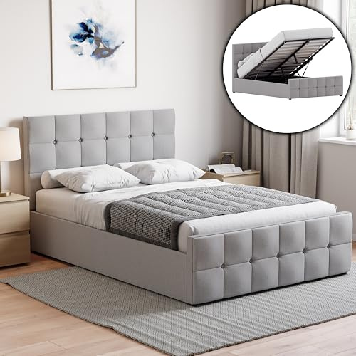 Vida Designs Valentina Double Ottoman Bed Frame | Light Grey Linen | 105 H x 144 W x 207 D cm | Upholstered Fabric Headboard | Gas Lift | Large Storage | Slatted Base | Premium Bedroom Furniture