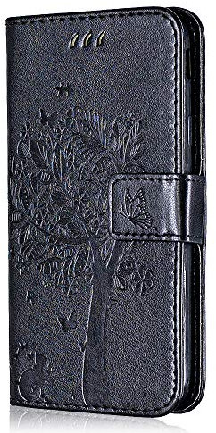 Conber Hülle für iPhone 7 Plus/iPhone 8 Plus, PU Leder Tasche Flip Case Lederhülle Handyhülle, Vintage Katze und Baum Schutzhülle für iPhone 7 Plus/iPhone 8 Plus - Schwarz