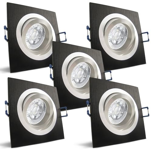 trendlights24 Noble LED Einbaustrahler flach 3 Step dimmbar 230V 5W 5er Set | Schwarz, gebürstet, eckig, extra flach, 35mm ET, Spot, 3 Stufen dimmbar, Warmweiß, 3000k, austauschbar, schwenkbar