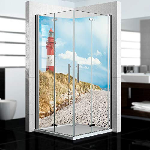 dedeco Duschrückwand wasserfest mit Leuchtturm V1 Motiv - 2 x 90x200 cm, als Badrückwand zum Fliesenersatz, als Dekorwand, Wandverkleidung und Duschplatte aus hochwertigem Aluminium - Made in Germany
