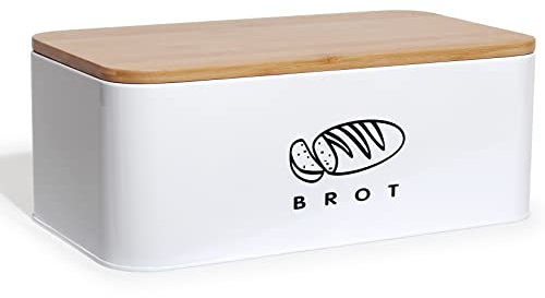 Theo&Cleo 14L Brotkästen mit Deckel XXL, 42 * 23 * 16cm, Deckel aus Ökologisches Bambus, Kann als Schneidebrett, Geräumiger Retro Brotkasten aus Metall, Brot Lange Aufbewahren und Frisch Halten Weiß