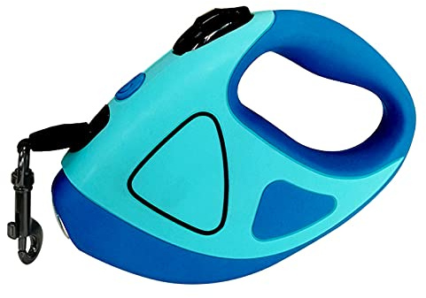 Hundeleine, einziehbar, flexibel, mit Taschenlampe, ausziehbare Hundeleine, 360 ° verwicklungsfrei, 5 m, starkes Nylonband, Schloss für kleine/mittelgroße/große Hunde und Katzen (blau, L)