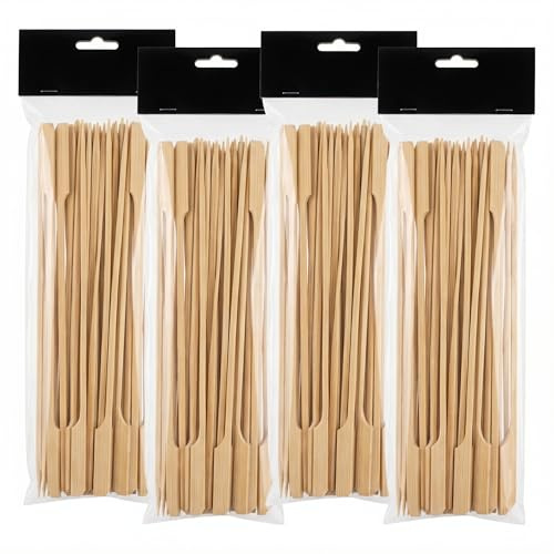MIJOMA Lot de 4 x 50 brochettes en bambou pour finger food, cocktail et barbecue - Brochettes en bois robustes avec poignée plate pour buffet, barbecue, antipasti et desserts - 25 cm