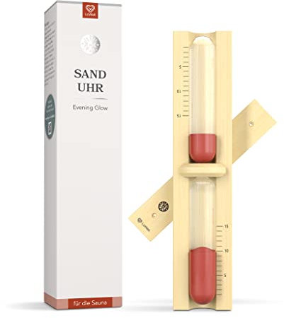 LoWell® Sauna Sanduhr - Evening Glow Saunauhr - Roter Sand Sauna Uhr - Ideales Sauna Zubehör - Aus natürlichem Eschenholz hochwertige Verarbeitung - Robust und Hitzebeständig - 15 min
