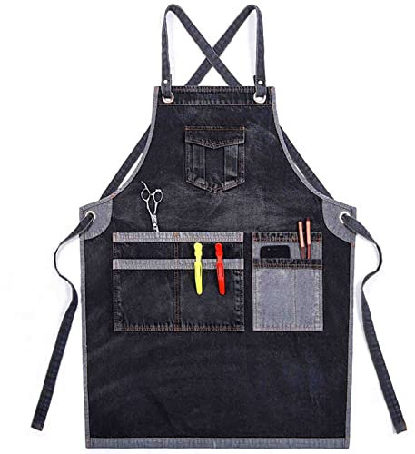 YANYUESHOP Denim-Schürze für Männer, Arbeitsschürzen mit Taschen für Frauen, Barberologie, Friseurschürze, verstellbar, Kreuzrücken, für Töpferwerkstatt, Maler, Tischler, schwarz A, 75 x 60 cm