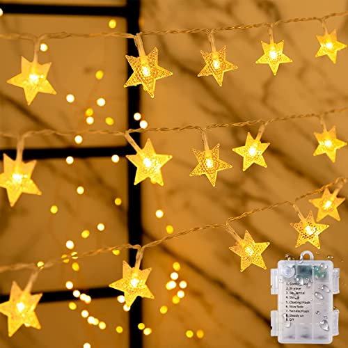 Guirnalda de Luces con Pilas, 6M 40LED Cadena de Estrellas 8 Modos, Impermeable para Decoración Navidad, Fiesta, Habitación, Jardín, Boda, Cumpleaños - Blanco Cálido