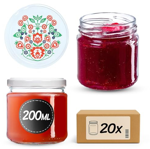 KADAX Lot de 20 bocaux en verre 200ml Ø66 – Couvercle Twist-Off hermétique TO66 – Pour confitures, conserves, cornichons, miel & fermentation