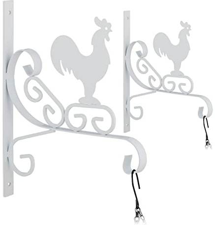 Relaxdays Blumenampel Halterung Hahn, 2er Set, Wandmontage, HBT: 30 x 25,5 x 2 cm, Ampelhaken außen & innen, Eisen, weiß | HBT: 30 x 25,5 x 2 cm, Ampelhaken außen & innen, Eisen