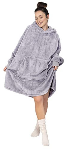 Gräfenstayn® flauschige Sherpa Hoodie Decke mit Ärmeln & Kapuze - Öko-tex Standard 100 - tragbare Kuschel-Decke zum Anziehen, Kuschel-Pullover - Geschenke für Frauen, Männer (L - XL, Grau)